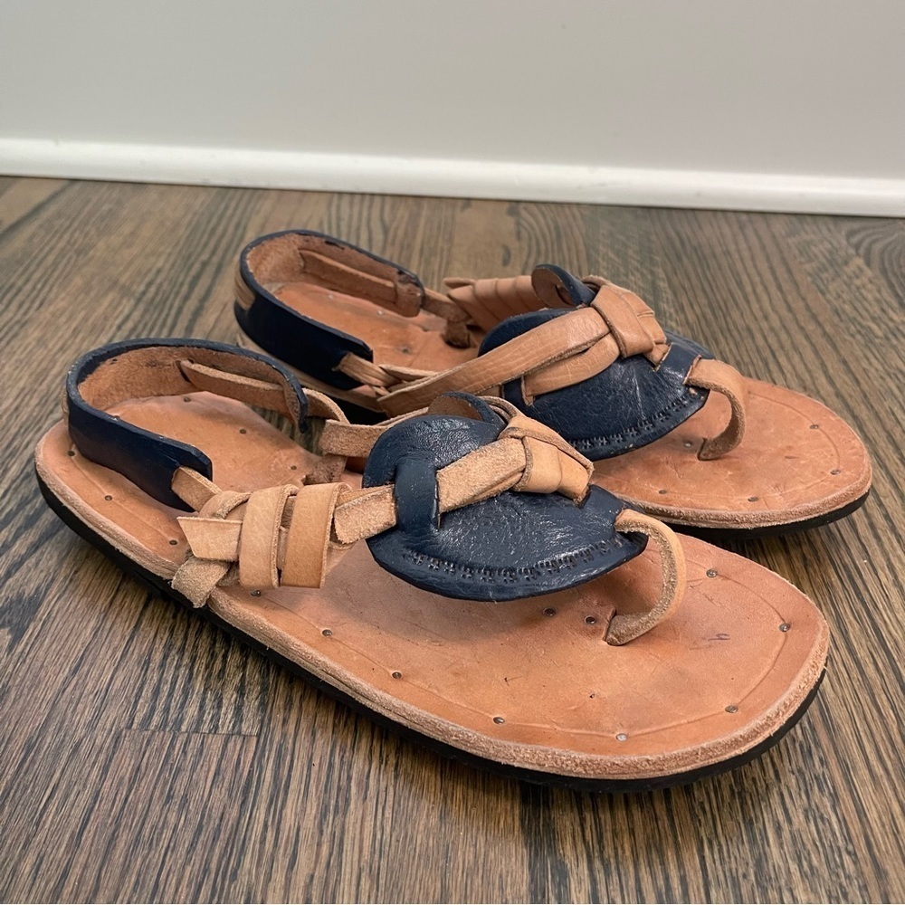 Handmade brown and navy leather sling back sandals size 7